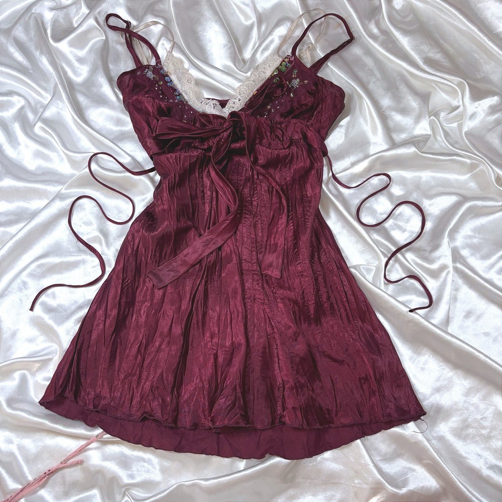 y2k Babydoll Top Burgundy Excellent Lace Sequin Beaded Satin Dolled Up M - Picture 2 of 7
